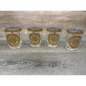 Vintage 1960s Gay Fad Gold And Blue Double Old Fashioned Rocks Glass~4 Pc Set